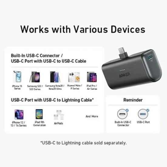 Anker Nano Power Bank (22.5W, Built-In USB-C Connector) 5000mAh - Black